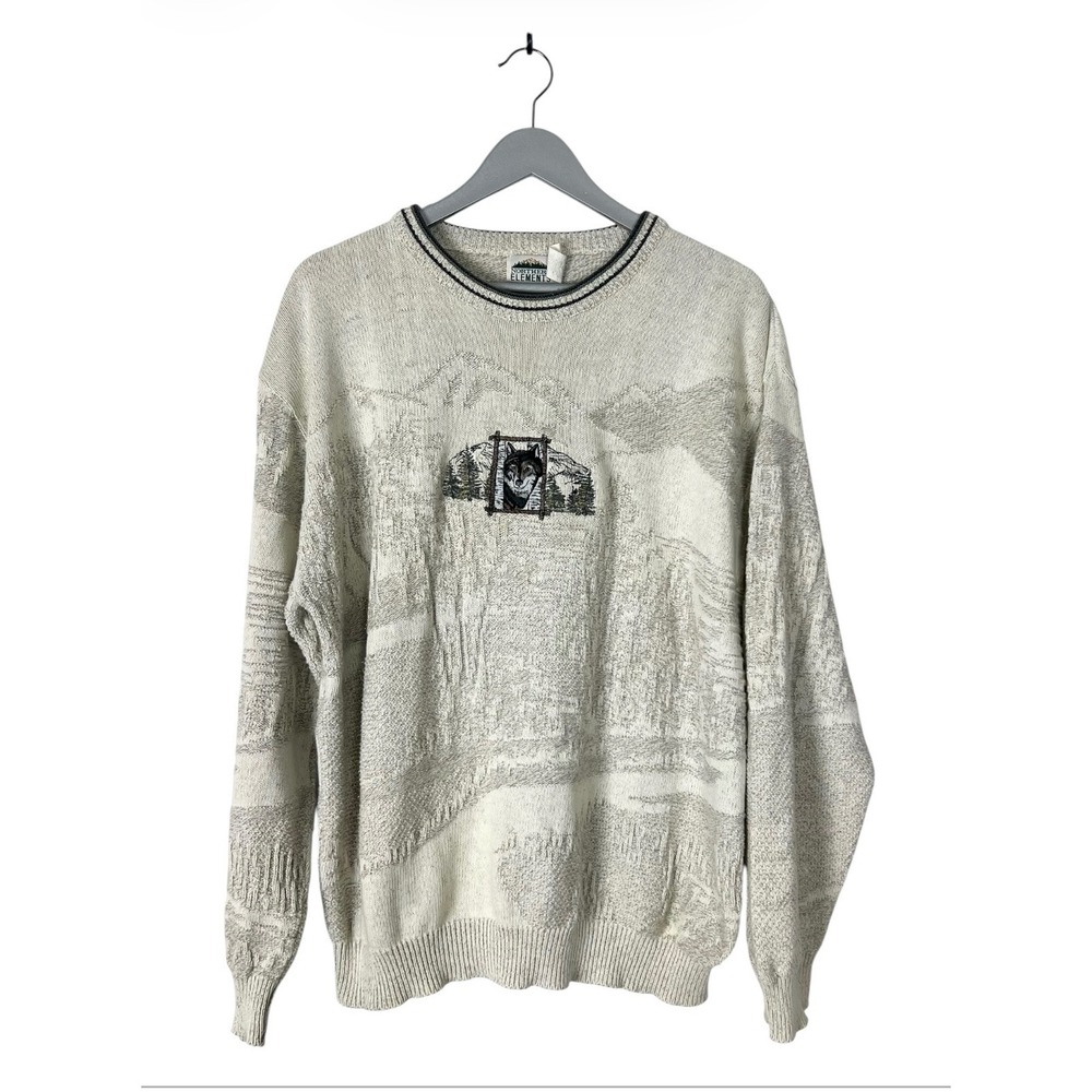 Northern Elements Vintage Wolf Mountain Knit Sweater Mens Beige Cream size L